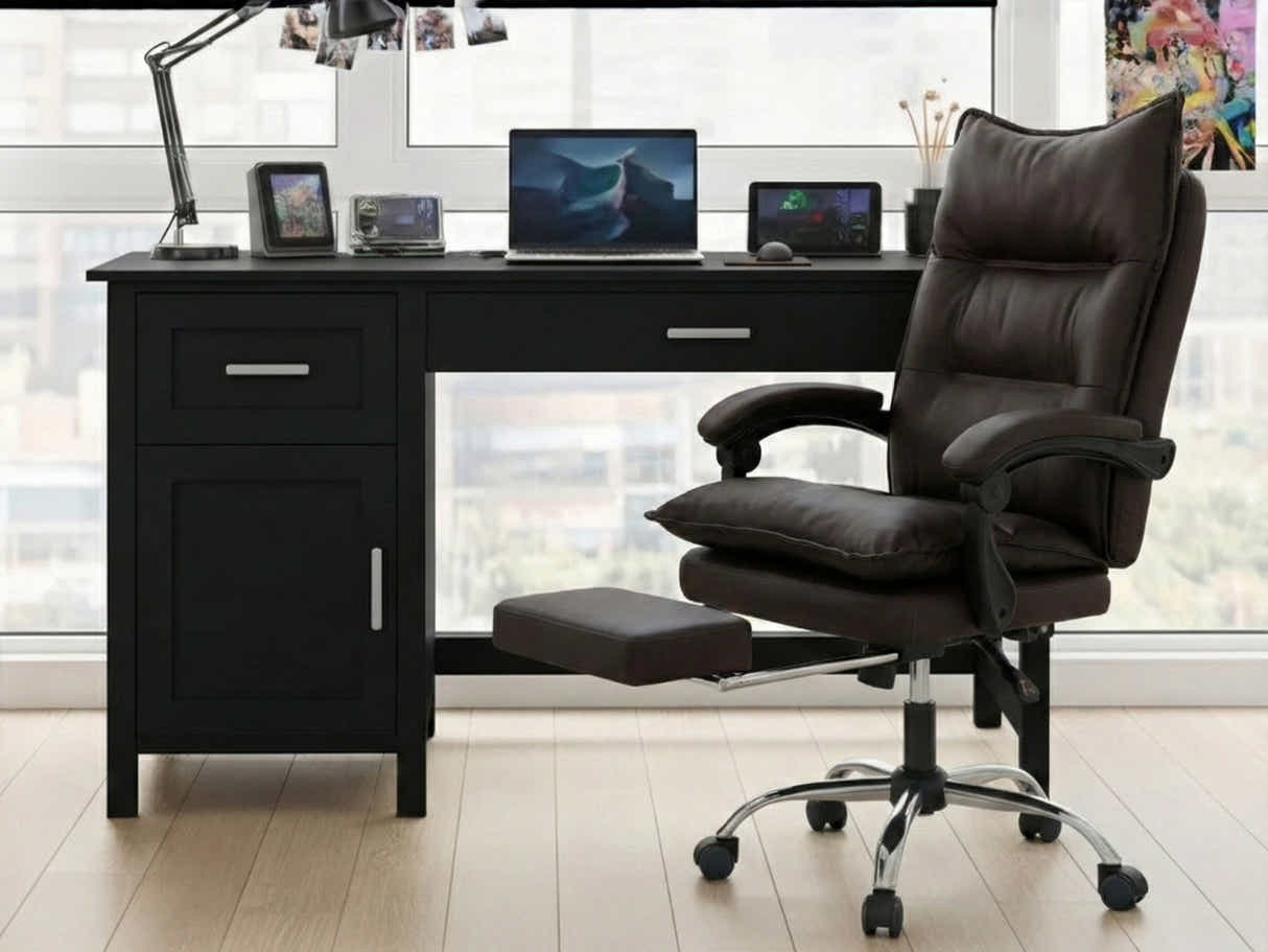 Home Office Desk with Storage Black & New Markus Office Chair with Footrest PU Coffee