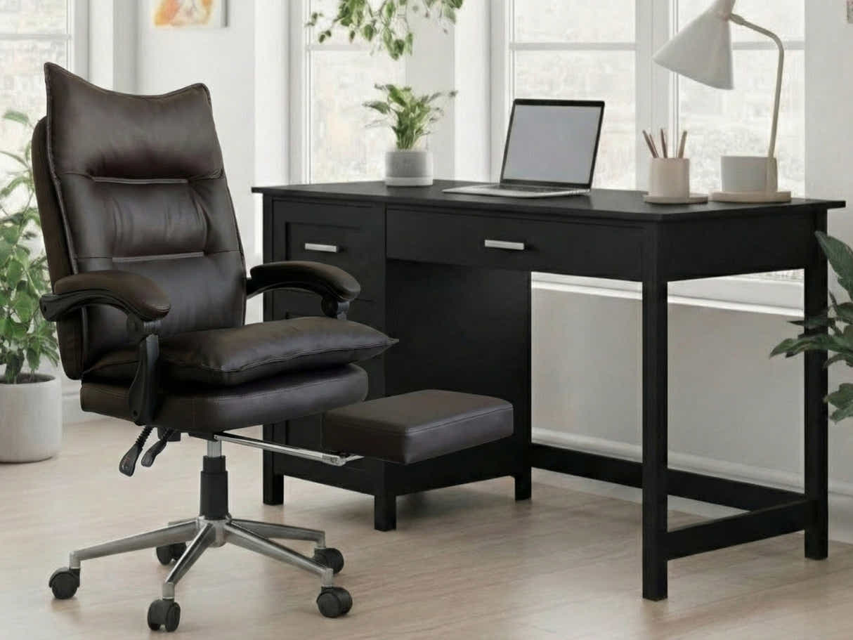 Home Office Desk with Storage Black & New Markus Office Chair with Footrest PU Coffee