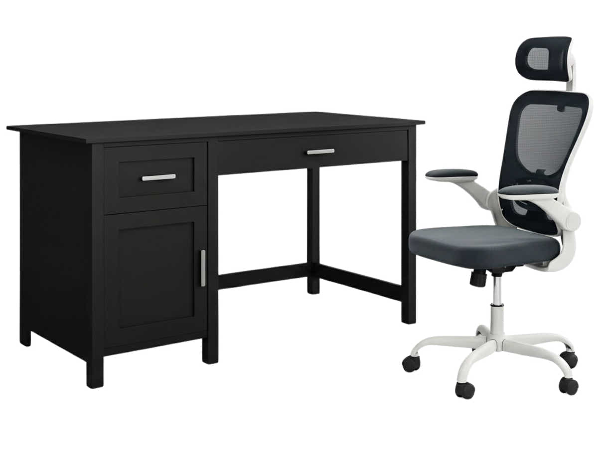 Home Office Desk with Storage Black & Molina Mesh Task Chair White+Grey