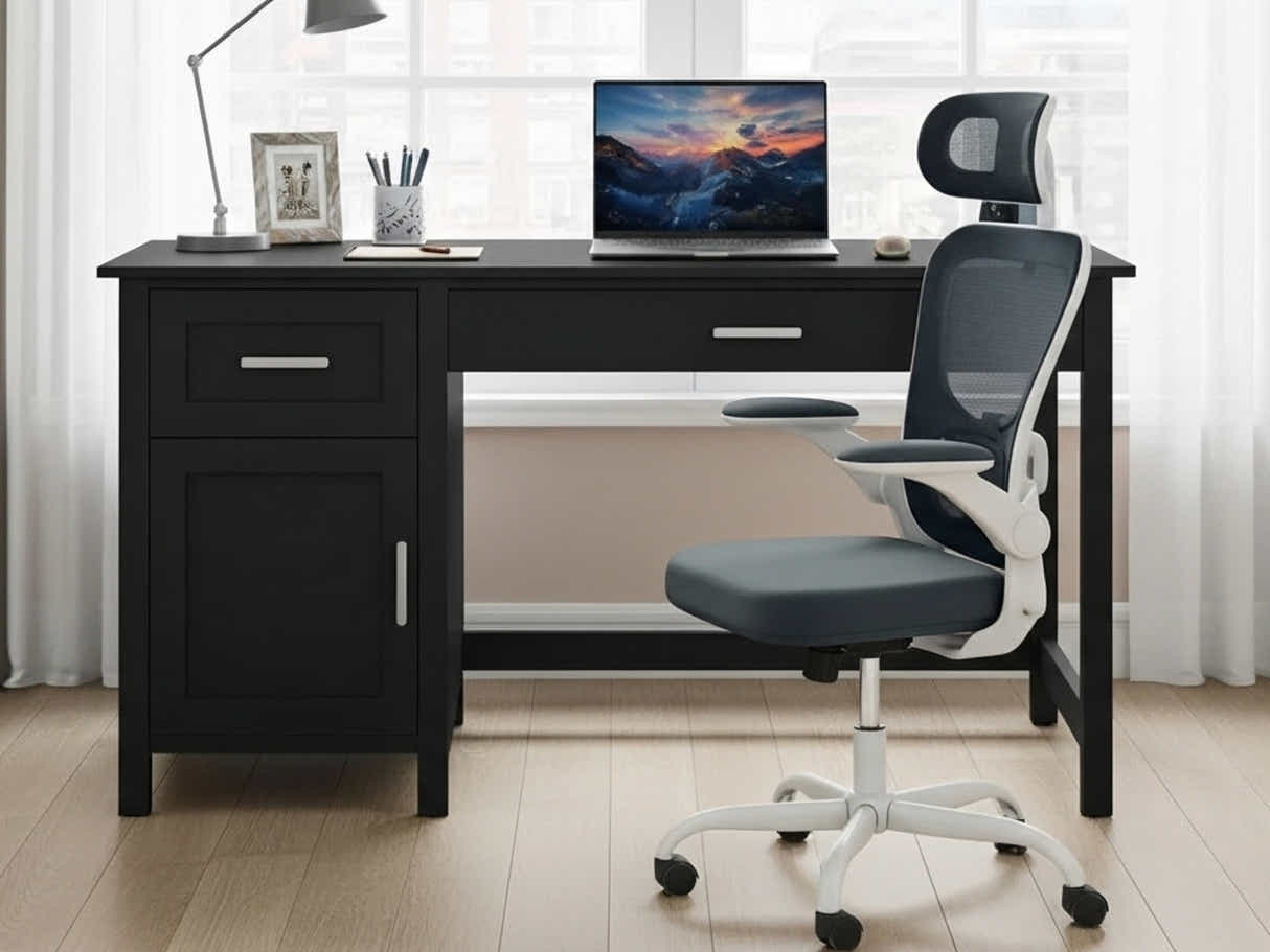 Home Office Desk with Storage Black & Molina Mesh Task Chair White+Grey
