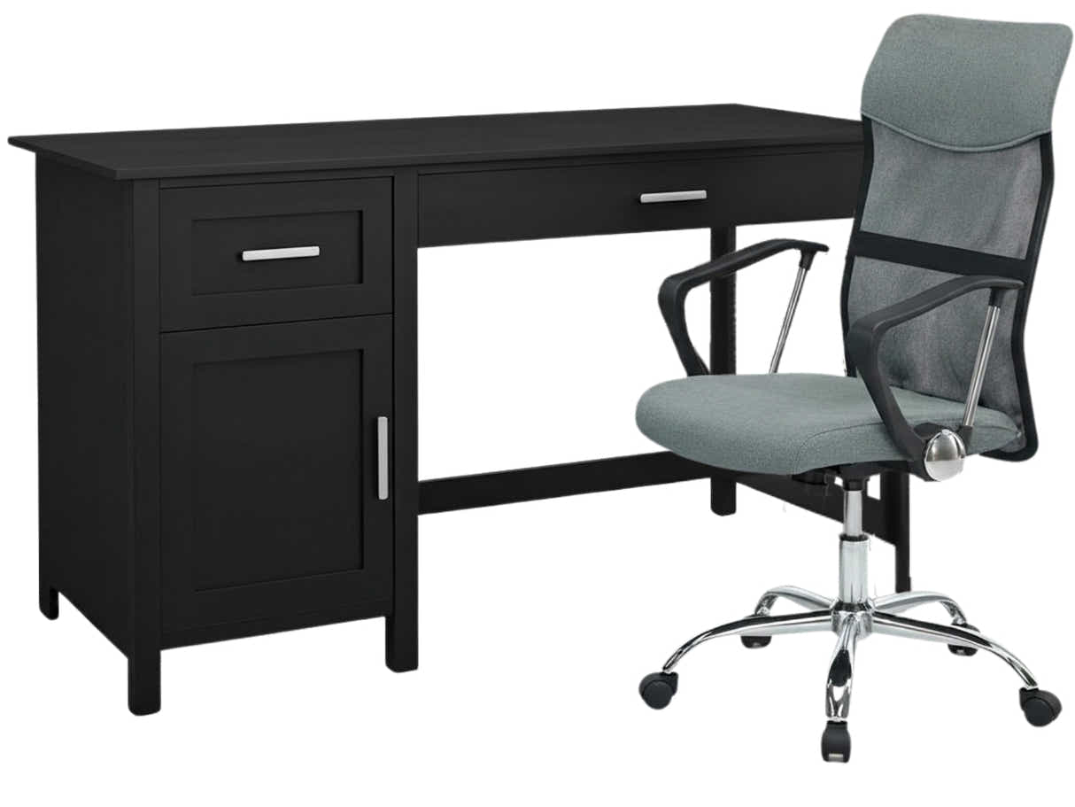 Home Office Desk with Storage Black & Meshmallow Office Chair 001 grey