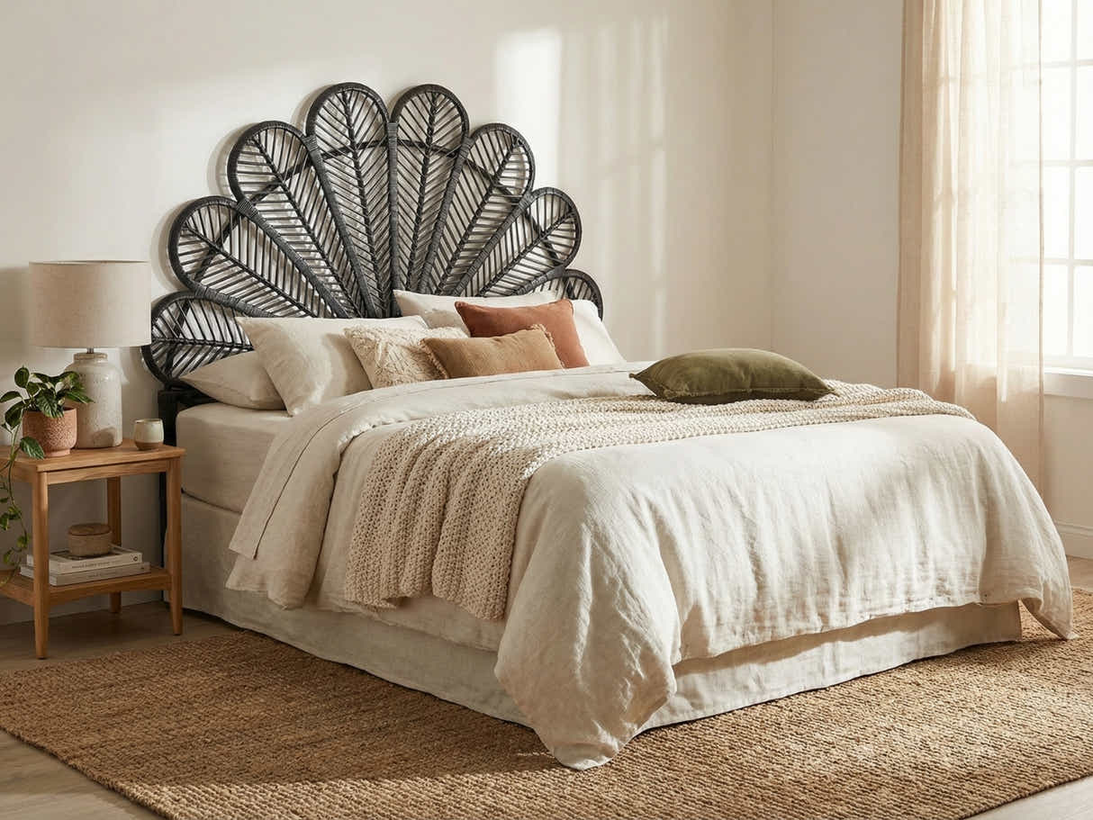 Rattan Headboard Peacock Black - Double