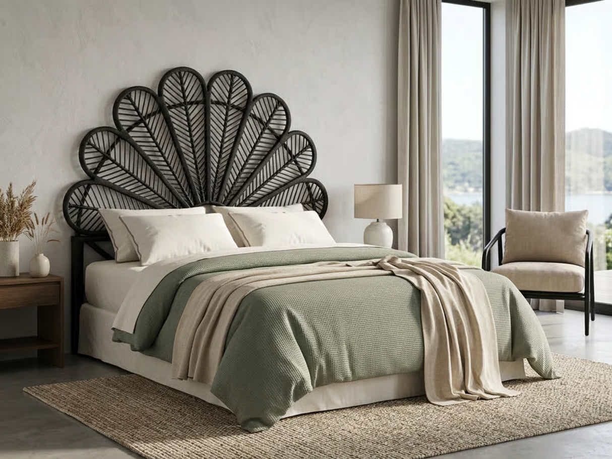 Rattan Headboard Peacock Black - Double