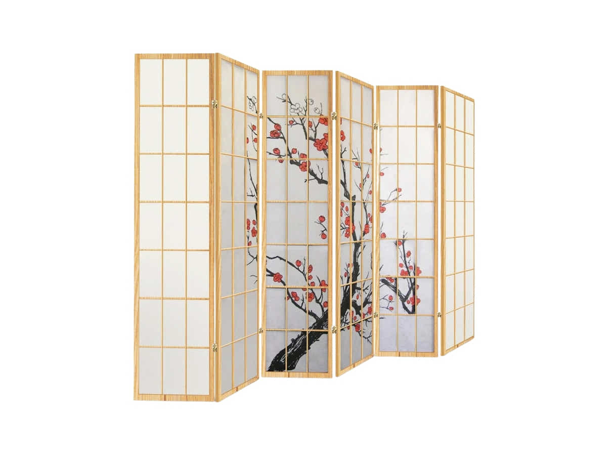 6-Panel Room Divider with Flower Pattern - Natural Wood