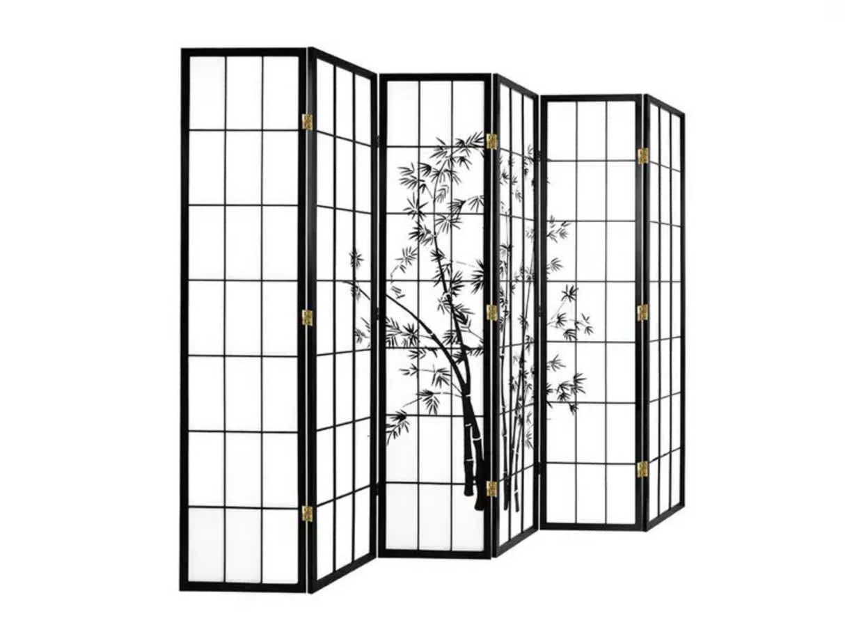 6-Panel Room Divider with Bamboo Pattern - Black