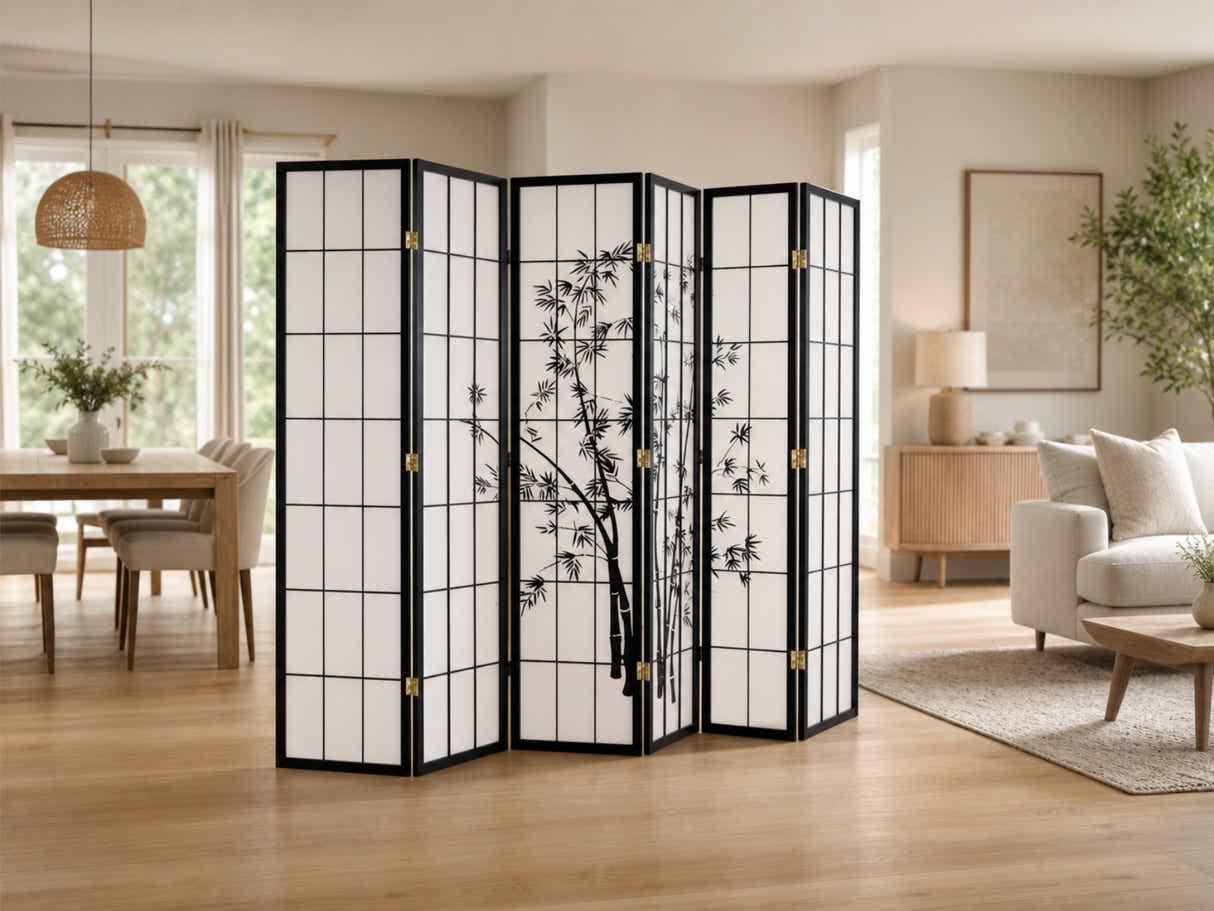 6-Panel Room Divider with Bamboo Pattern - Black