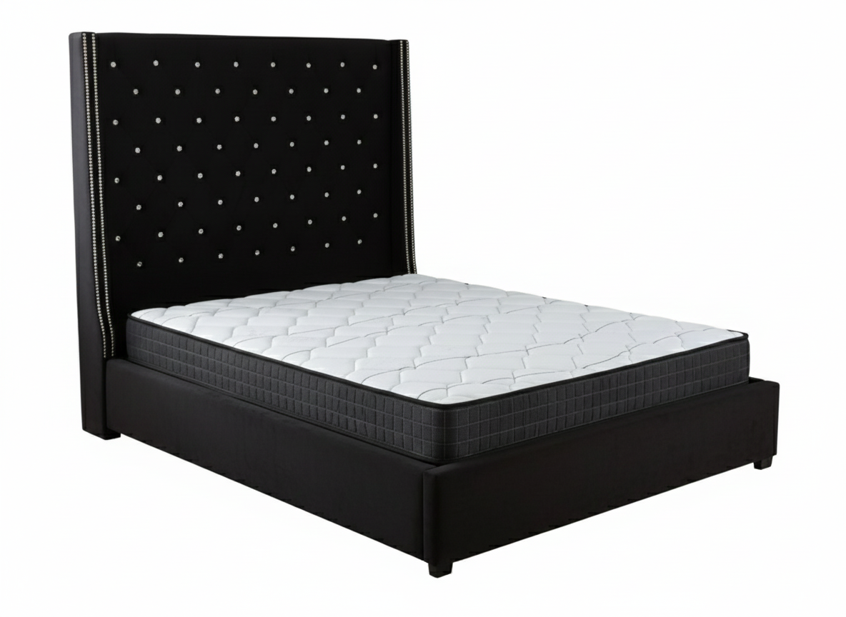 Aria Velvet Bed Frame Black & Xclusive Pocket Spring Mattress X20 Queen