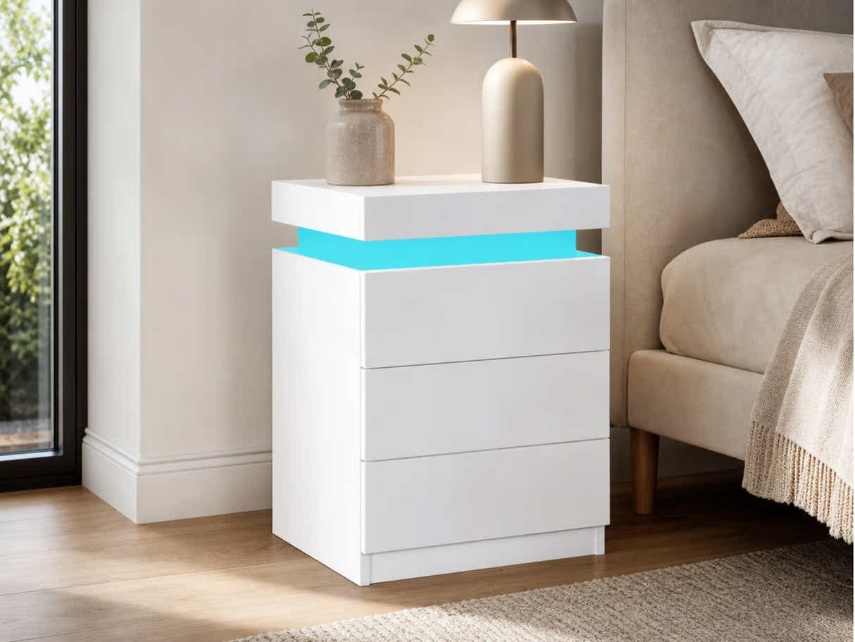 Glansig Bedside Table with LED Light - White