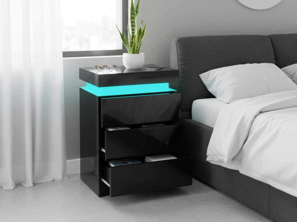 Glansig Bedside Table with LED Light - Piano Black