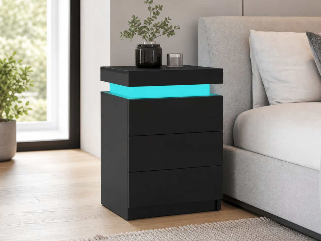 Glansig Bedside Table with LED Light - Piano Black