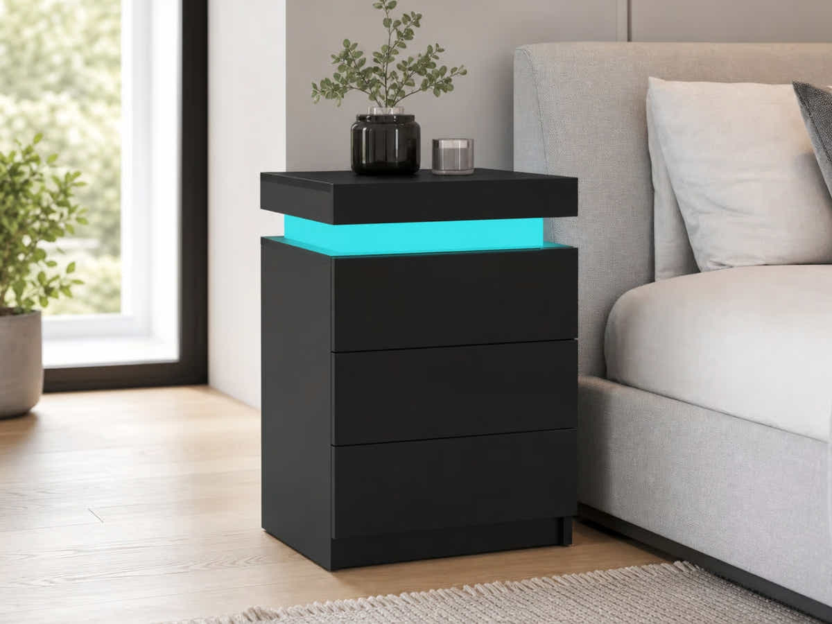 Glansig Bedside Table with LED Light - Piano Black