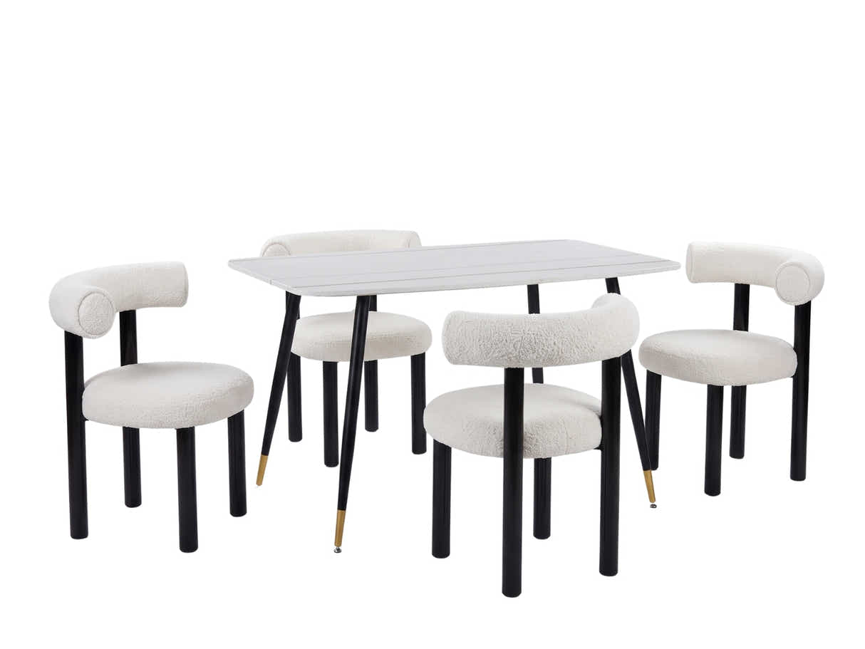 Lavina Dining Table with MDF Top 120 cm & Boucle Velvet Dining Chair White - Set of 4