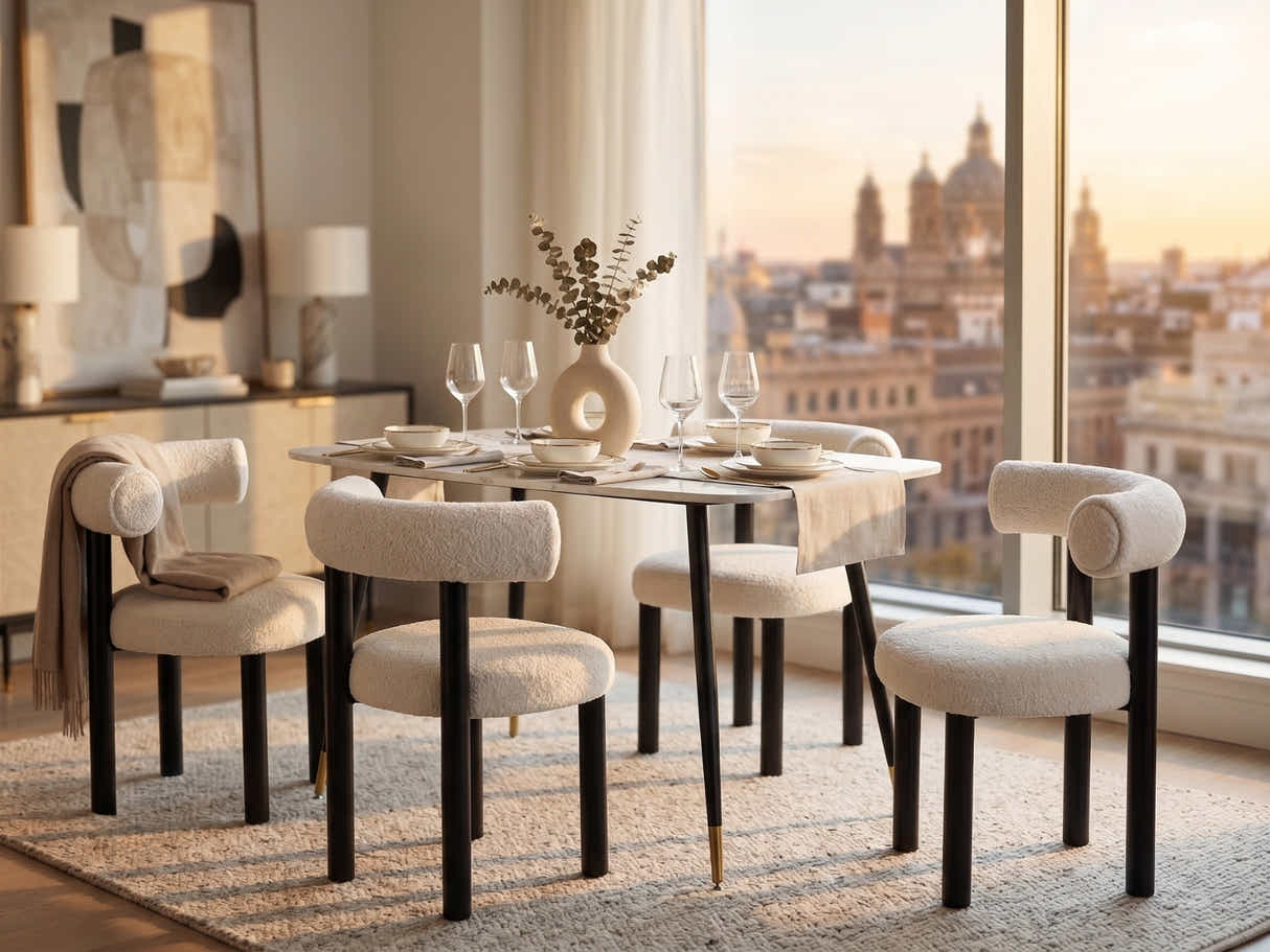 Lavina Dining Table with MDF Top 120 cm & Boucle Velvet Dining Chair White - Set of 4