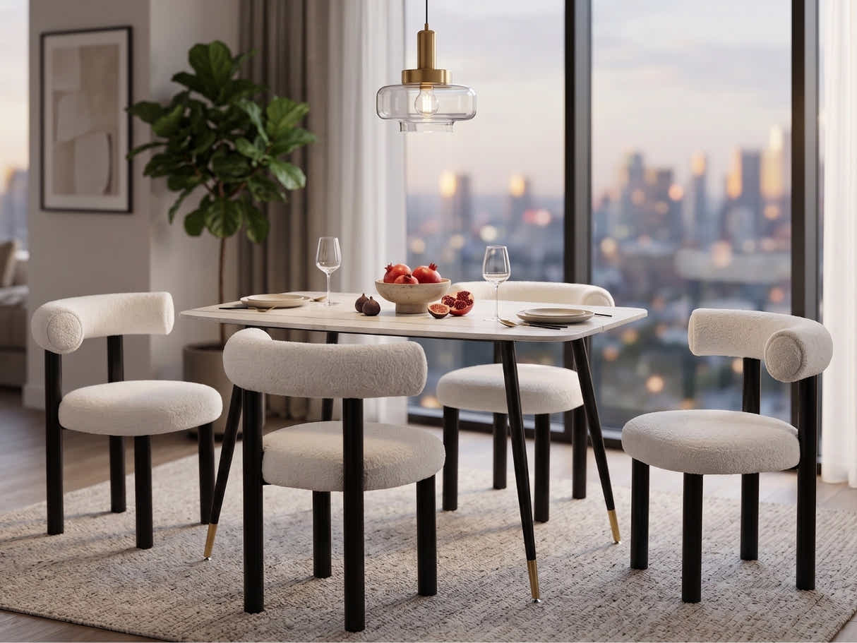 Lavina Dining Table with MDF Top 120 cm & Boucle Velvet Dining Chair White - Set of 4