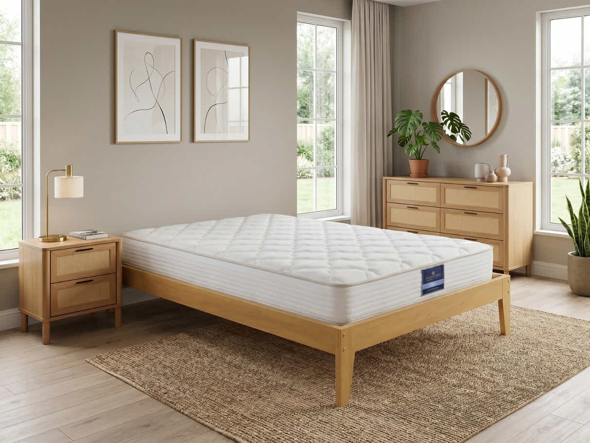 Modern Oak Guest Room Combo - Bed, Mattress, Bedside & Lowboy