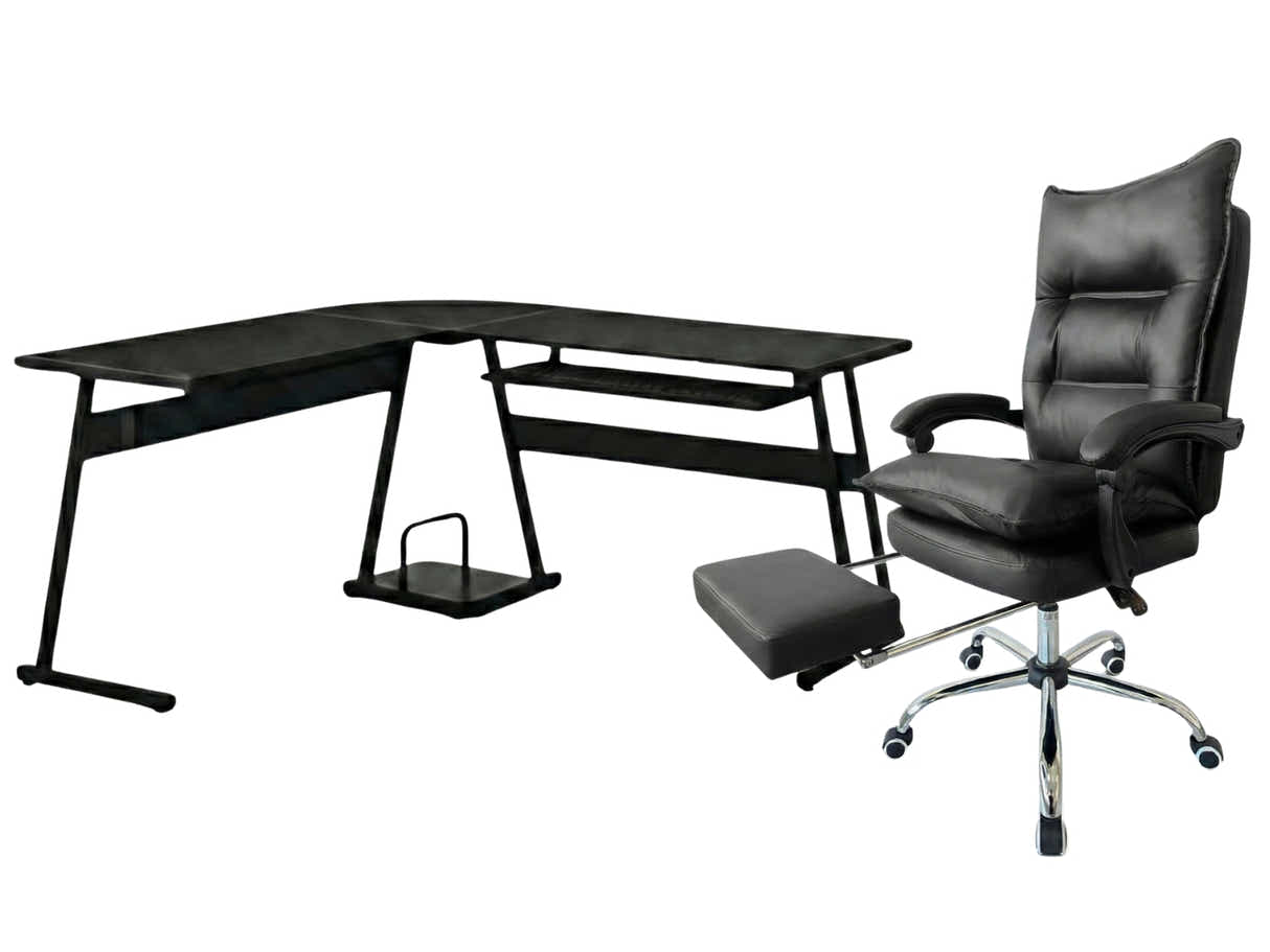 Irina L-Shaped Computer Desk & New Markus Office Chair with Footrest PU Black