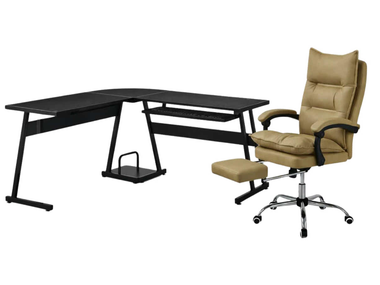 Irina L-Shaped Computer Desk & New Markus Office Chair with Footrest PU Khaki