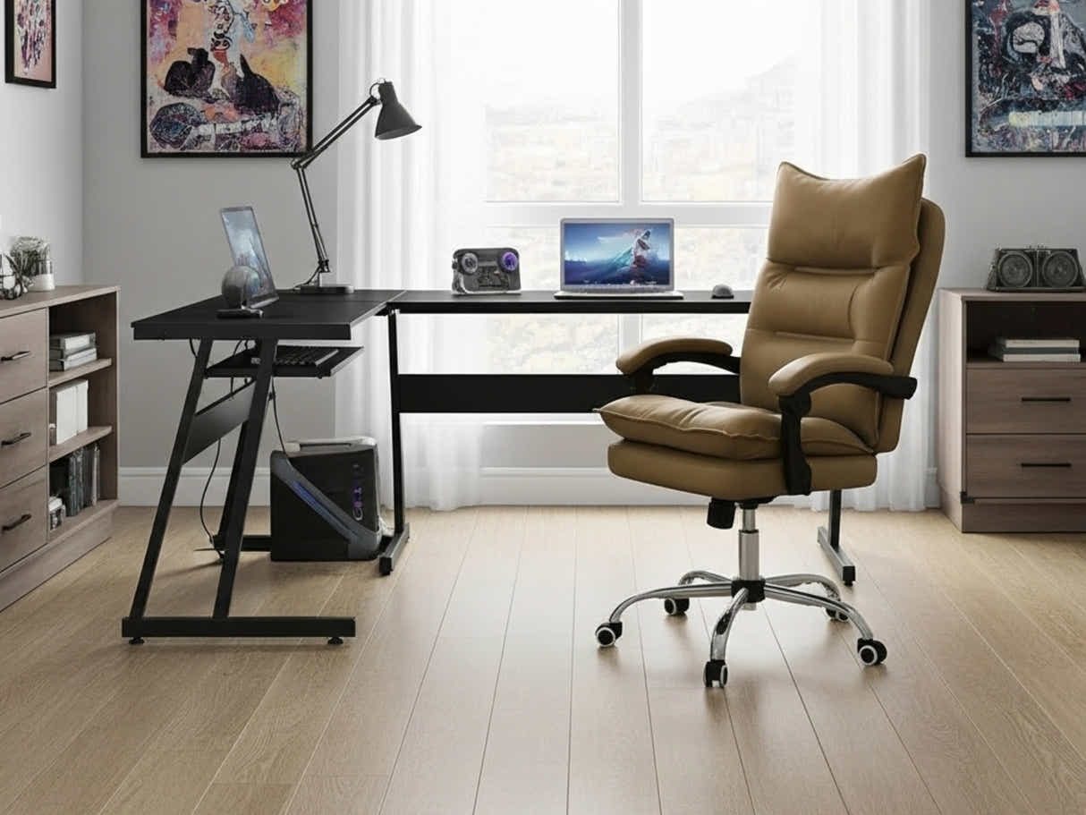 Irina L-Shaped Computer Desk & New Markus Office Chair with Footrest PU Khaki