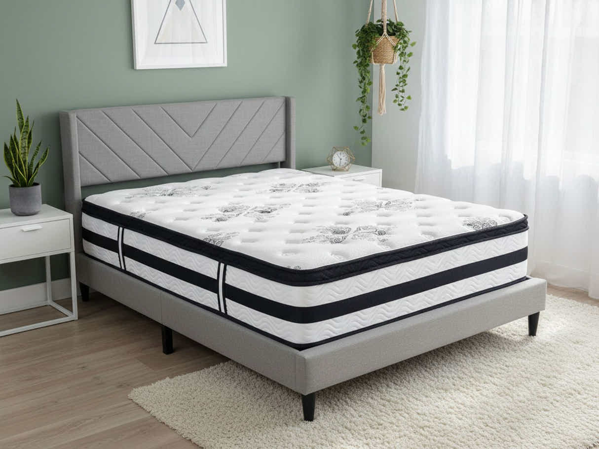 Vele‑D Bed Frame Light Grey & Euro Top Mattress K34 - Double