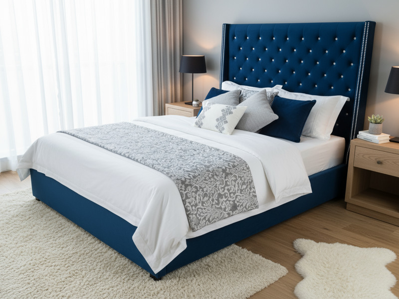 Aria Velvet Bed Frame Blue - Queen