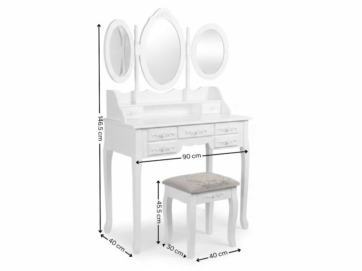 7-Drawer Dressing Table Set White - 90 cm
