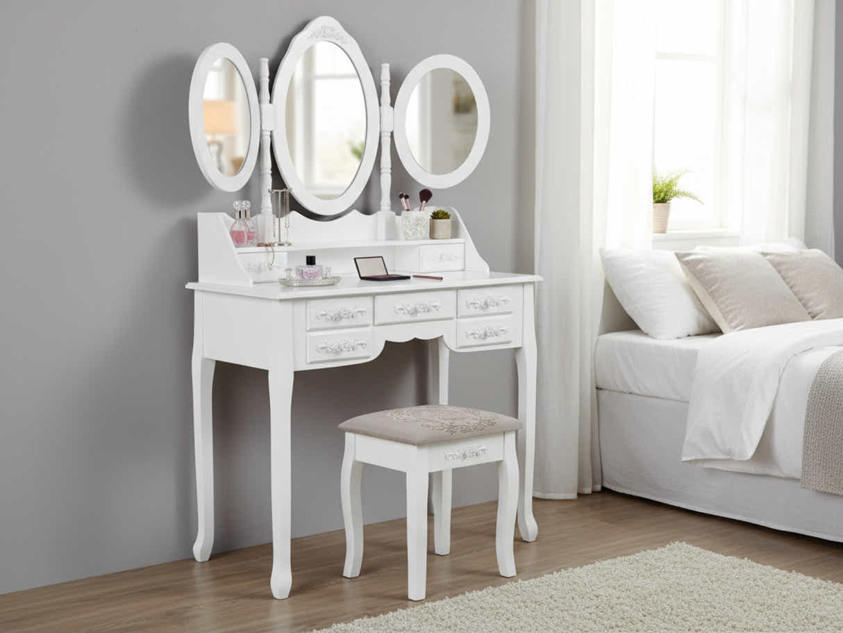 7-Drawer Dressing Table Set White - 90 cm