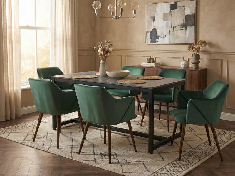 Grey Marble Look Dining Table - 160 cm & Zakeer Velvet Dining Chair Green x6
