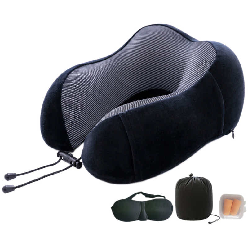 DS BS 4Pcs Airplane Travel Kit With Neck Pillow,Eye Masks,Earplugs-Black
