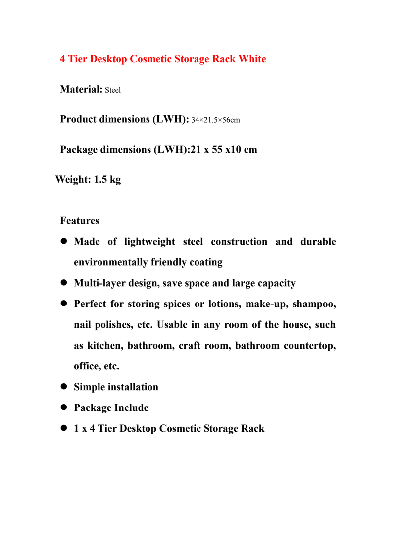 DS BS 4 Tier Desktop Cosmetic Storage Rack-White