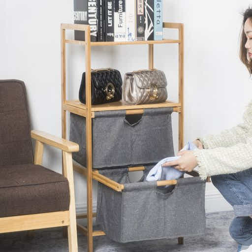 DS BS Natural Bamboo 2-Tier Multifunctional 2 Drawer Basket Rack