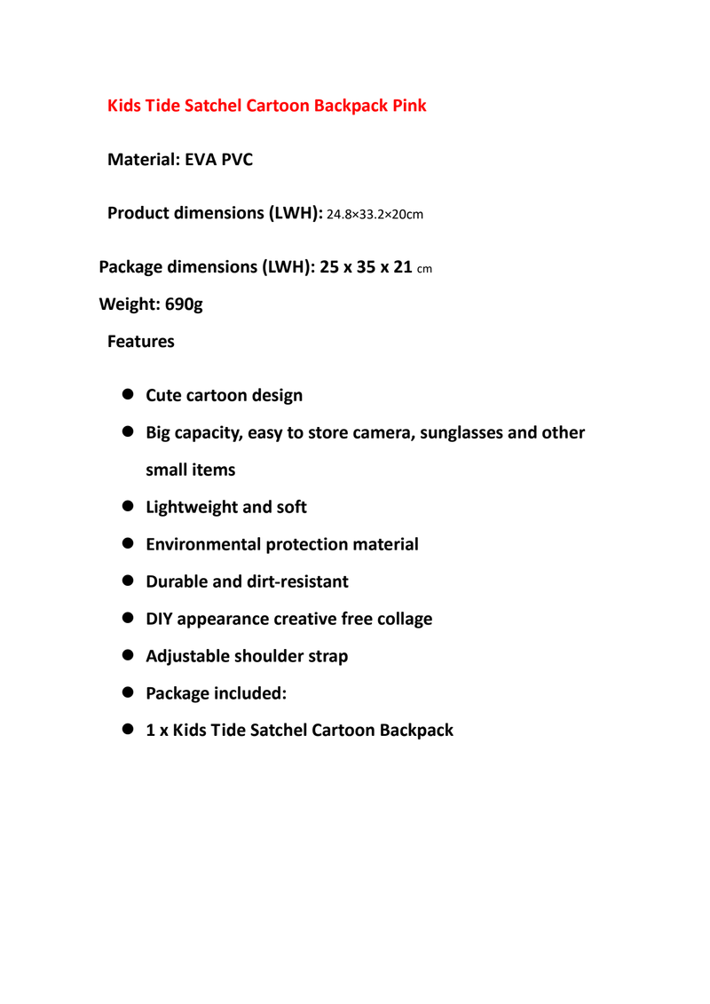 DS BS Kids Tide Cartoon Backpack-Pink