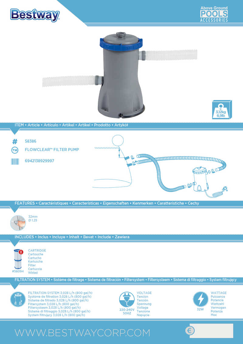 Bestway 800Gal Filter Pump 1,100 - 17,400Lpools