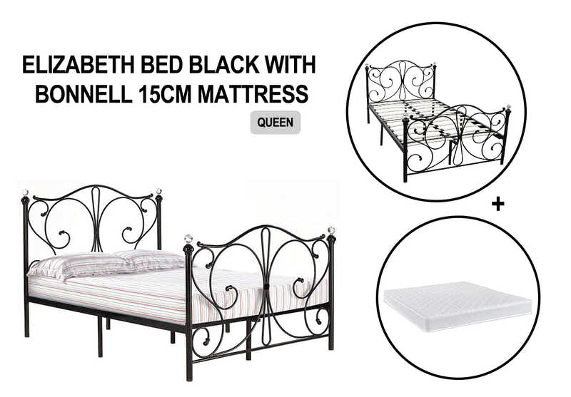 Elizabeth Black Bed with Bonnell Mattress Combo - Queen
