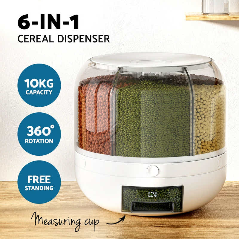 DS NA 6-In-1 Cereal Dispenser Rotating Grain 10KG Rice Storage Dry Food Box