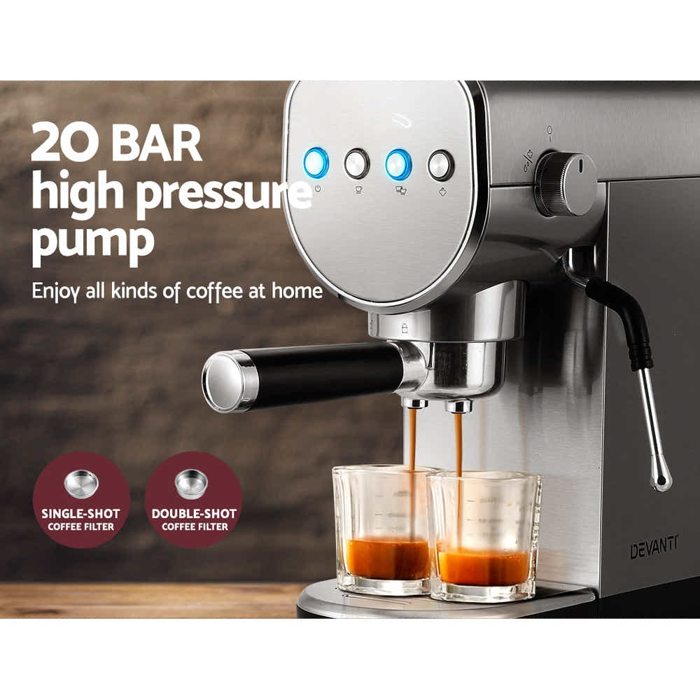 Devanti Coffee Machine Espresso Maker 20 Bar Milk Cappuccino Latte Cafe