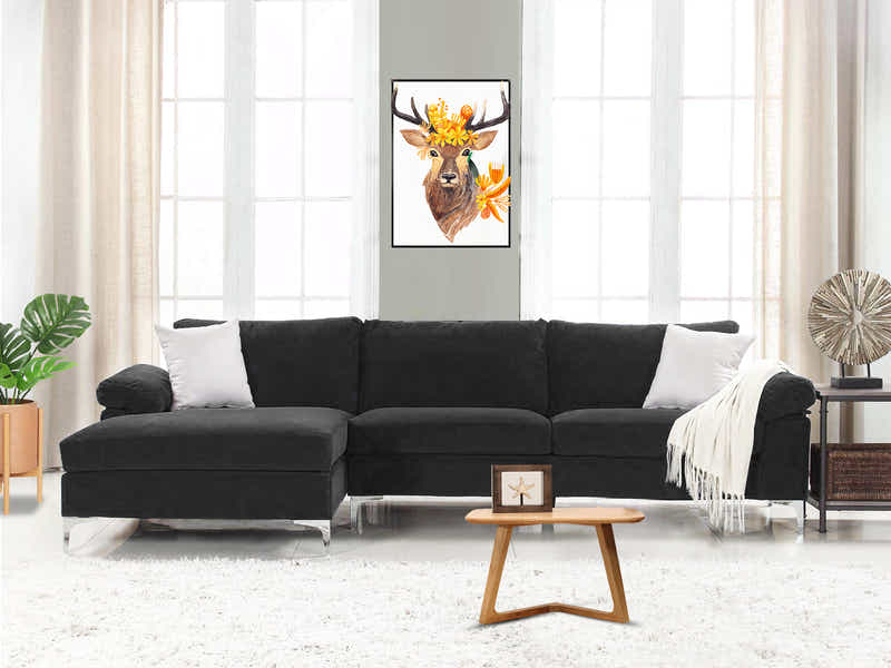 Ronni Velvet Sofa with Left Chaise - Black