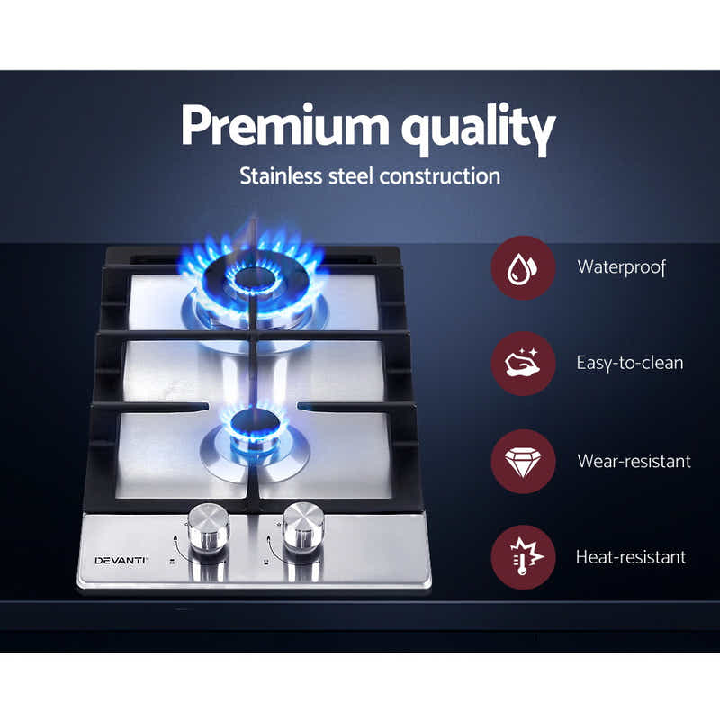 DS NA Gas Cooktop 30cm Gas Stove Cooker 2 Burner Cook Top Konbs NG LPG Steel