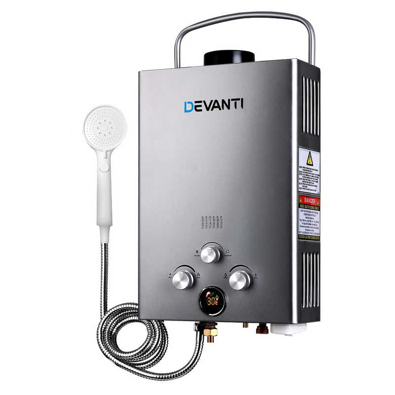 DS NA Devanti Portable Gas Water Heater 8LPM Outdoor Camping Shower Grey