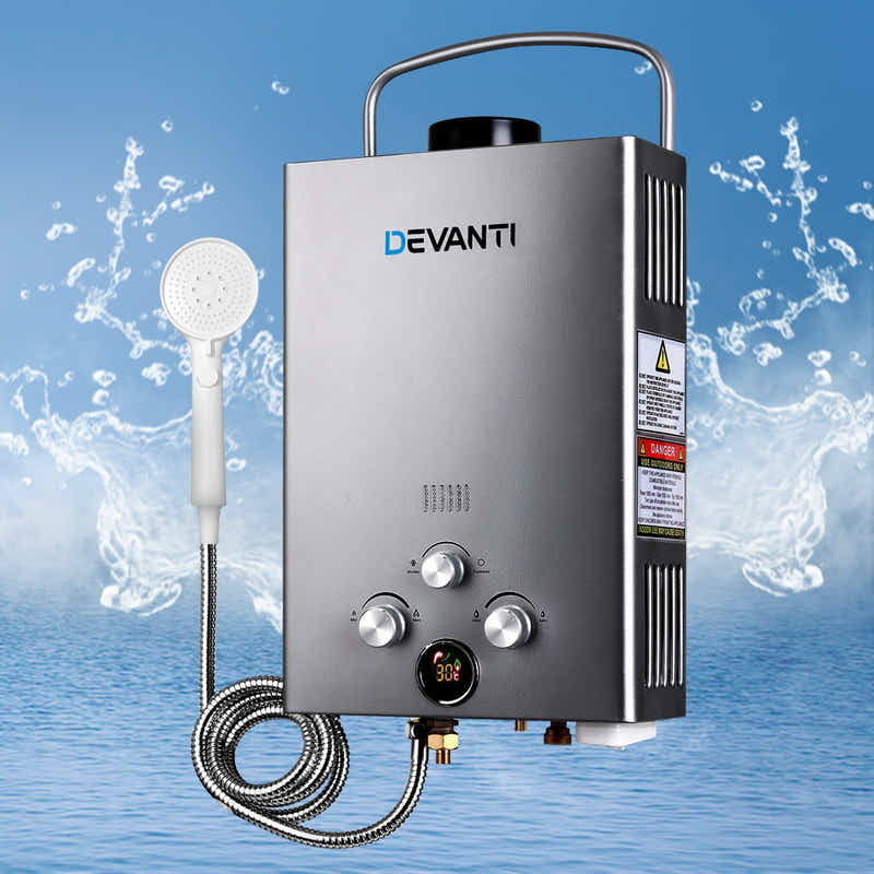 DS NA Devanti Portable Gas Water Heater 8LPM Outdoor Camping Shower Grey