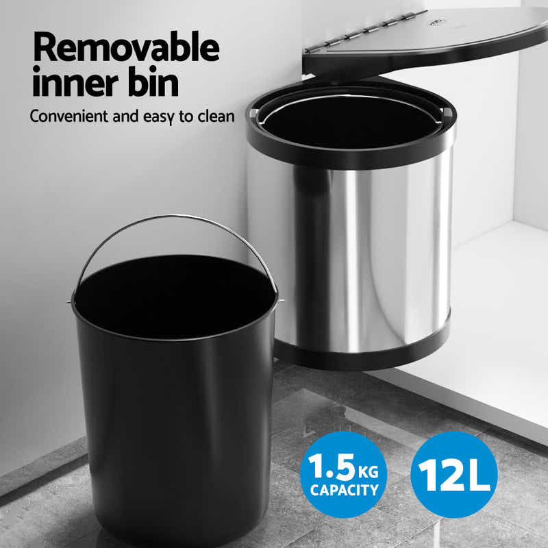 DS NA Kitchen Swing Out Pull Out Bin Stainless Steel Garbage Rubbish Can 12L