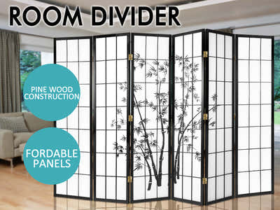 6-Panel Room Divider with Bamboo Pattern - Black
