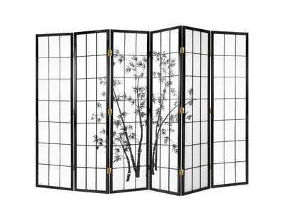 6-Panel Room Divider with Bamboo Pattern - Black