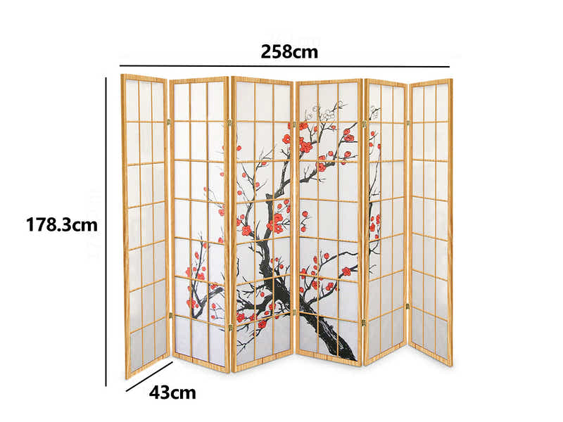 6-Panel Room Divider with Flower Pattern - Natural Wood