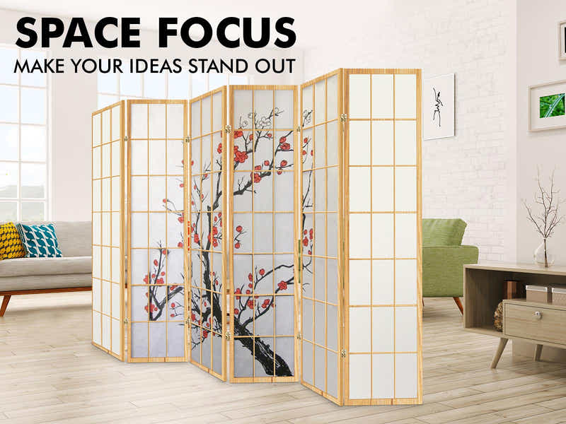 6-Panel Room Divider with Flower Pattern - Natural Wood