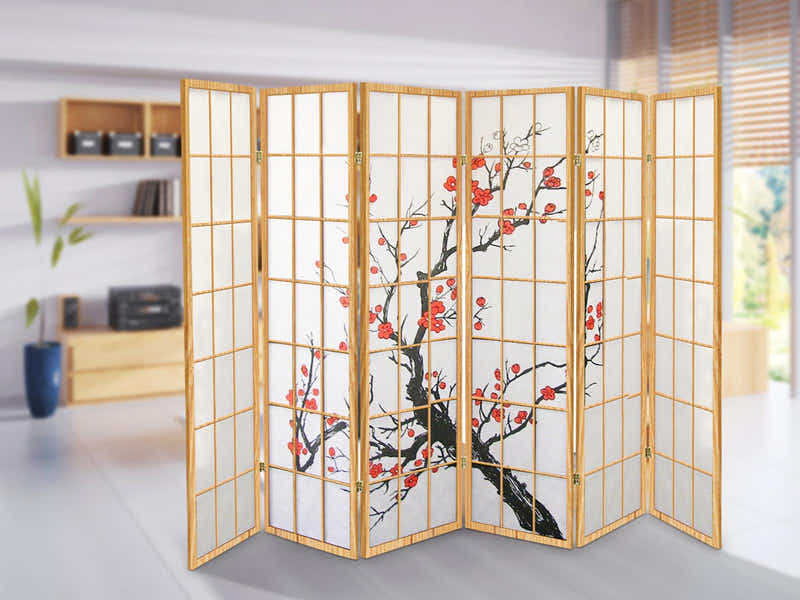 6-Panel Room Divider with Flower Pattern - Natural Wood