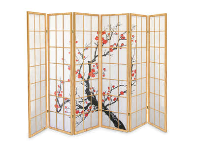 6-Panel Room Divider with Flower Pattern - Natural Wood