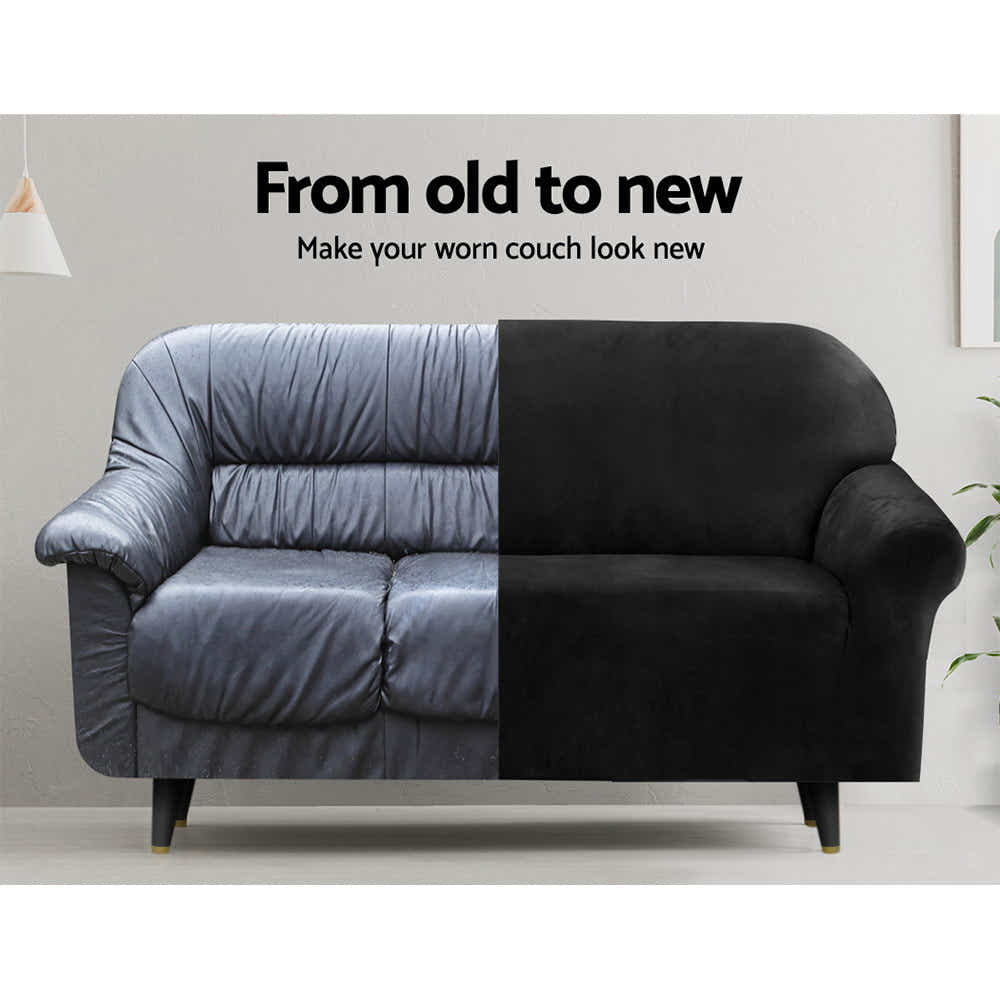 DS NA Artiss Velvet Sofa Cover Plush Couch Cover Lounge Slipcover 2 Seater Black