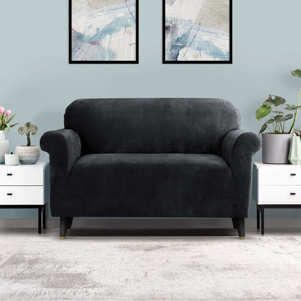DS NA Artiss Velvet Sofa Cover Plush Couch Cover Lounge Slipcover 2 Seater Black