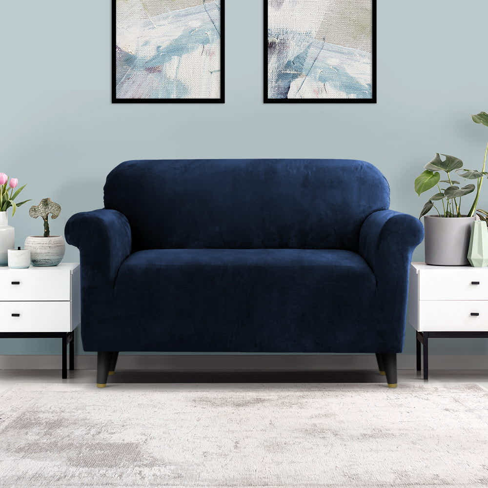 DS NA Artiss Velvet Sofa Cover Plush Couch Cover Lounge 2 Seater Sapphire