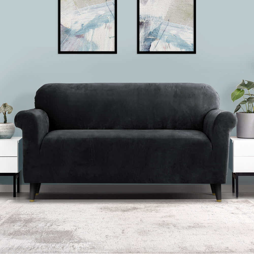 DS NA Artiss Velvet Sofa Cover Plush Couch Cover Lounge Slipcover 3 Seater Black